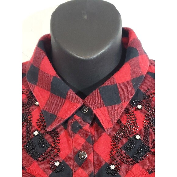 Reba Size Large Buffalo Plaid Red Black Snap Up Beaded Raw Edge Flannel Shirt - Picture 3 of 14